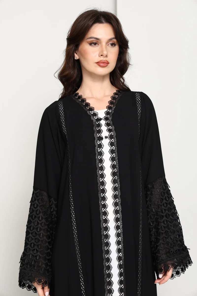 MSquare Fashion  Black Open Abaya with Lace Sleeves & Front Panel for Women | Best Price UAE