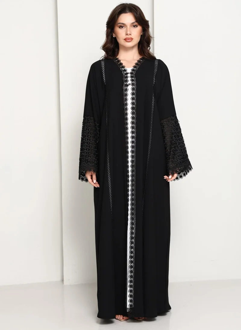 Black Open Abaya with Lace Sleeves & Front Panel