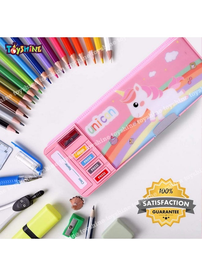 Toyshine Toyshine Multi Compartment Button Operated Unicorn Pencil Box, With Pen Stand In-Built, Push Button Enabled Storages And Sharpener For Kids - Pink - Plastic  - Image 3