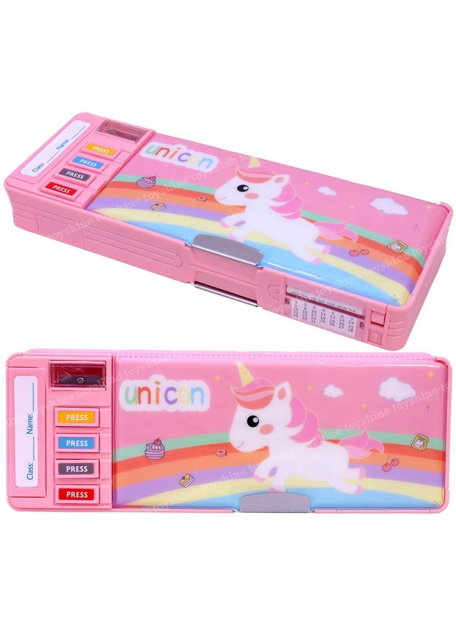 Toyshine Toyshine Multi Compartment Button Operated Unicorn Pencil Box, With Pen Stand In-Built, Push Button Enabled Storages And Sharpener For Kids - Pink - Plastic  - Image 1