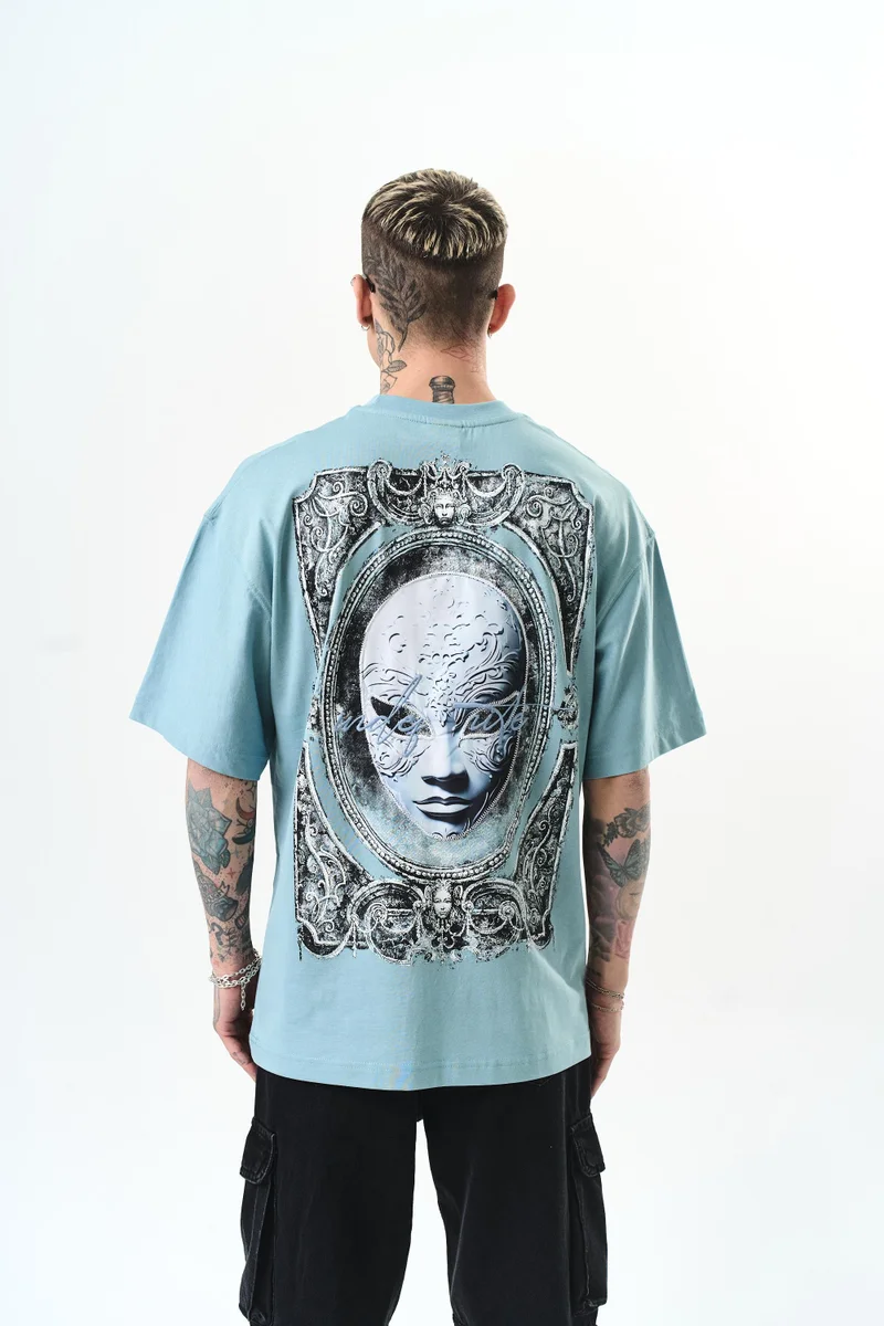 ريسباير تي شيرت رجالي مقاس كبير (Oversize) بطبعة "Indefinite"، أزرق فاتح (بيبي بلو)