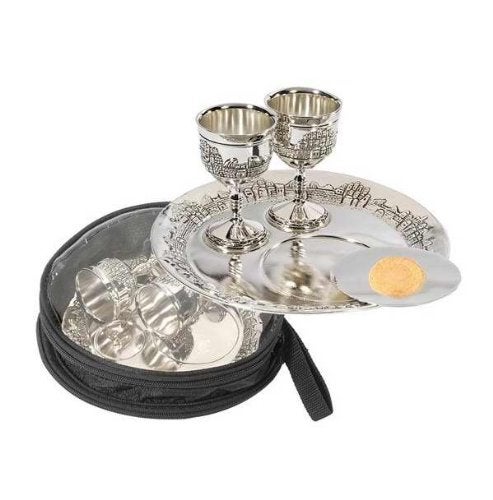 Holy Land Gifts Communion-Set-7" Plate 3" Plate& 2 Cups w/Bag-Silver Plated (#1520) - Image 2