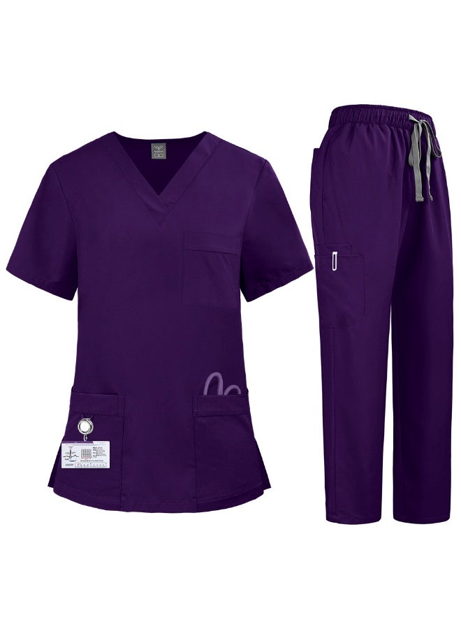 NIBEMINENT Women'S Nurse Uniform Quick-Drying Fabric Solid Color V-Neck Pocket Short-Sleeved Trousers Suit Nursing Uniform Suit - Image 1
