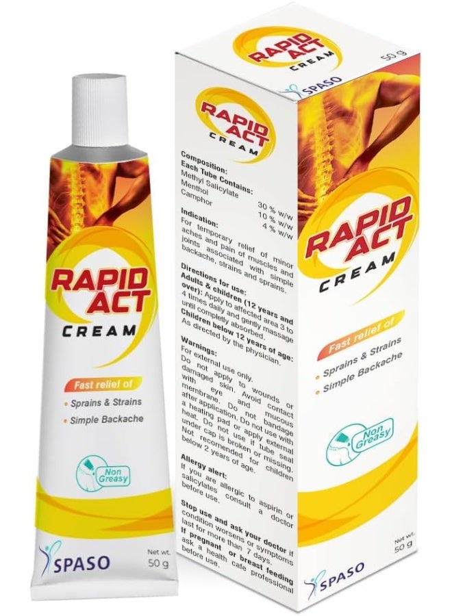 SPASO Rapid Act Cream - Fast Relief of Sprains & Strains - Simple Backache - Non Greasy - 50 Grams - Image 1