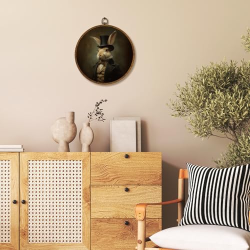 LANBAIHE Vintage Round Wall Art Decor 10x10Inch, Rabbit Wall Art Framed Canvas Print Decor, Victorian Portrait Animal Art Decor for Home Farmhouse Bedroom Living Room (Rabbit) - Image 2