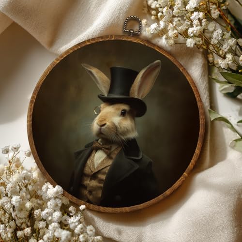 LANBAIHE Vintage Round Wall Art Decor 10x10Inch, Rabbit Wall Art Framed Canvas Print Decor, Victorian Portrait Animal Art Decor for Home Farmhouse Bedroom Living Room (Rabbit) - Image 4