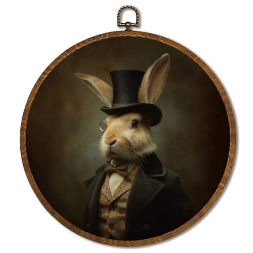 LANBAIHE Vintage Round Wall Art Decor 10x10Inch, Rabbit Wall Art Framed Canvas Print Decor, Victorian Portrait Animal Art Decor for Home Farmhouse Bedroom Living Room (Rabbit) - Image 1