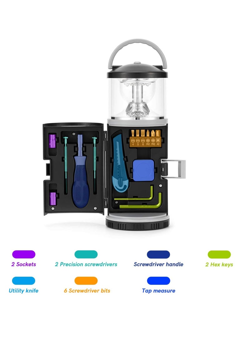 Loquat 2-In-1 LED camping light with kit, battery-operated LED light with 15-piece tool and 2 lighting modes, portable emergency light for camping storm outage in house car workbench - Image 4