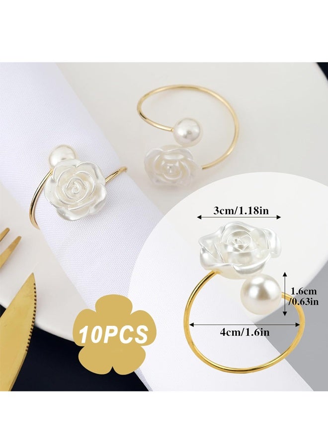 ١٠ قطع من حلقات مناديل مزينة باللؤلؤ، وأبازيم مناديل على شكل زهرة الورد، وحوامل حلقات مناديل ذهبية، وأبازيم معدنية للمناديل - Image 2