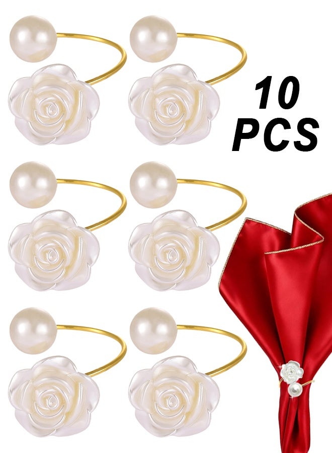 ١٠ قطع من حلقات مناديل مزينة باللؤلؤ، وأبازيم مناديل على شكل زهرة الورد، وحوامل حلقات مناديل ذهبية، وأبازيم معدنية للمناديل - Image 1