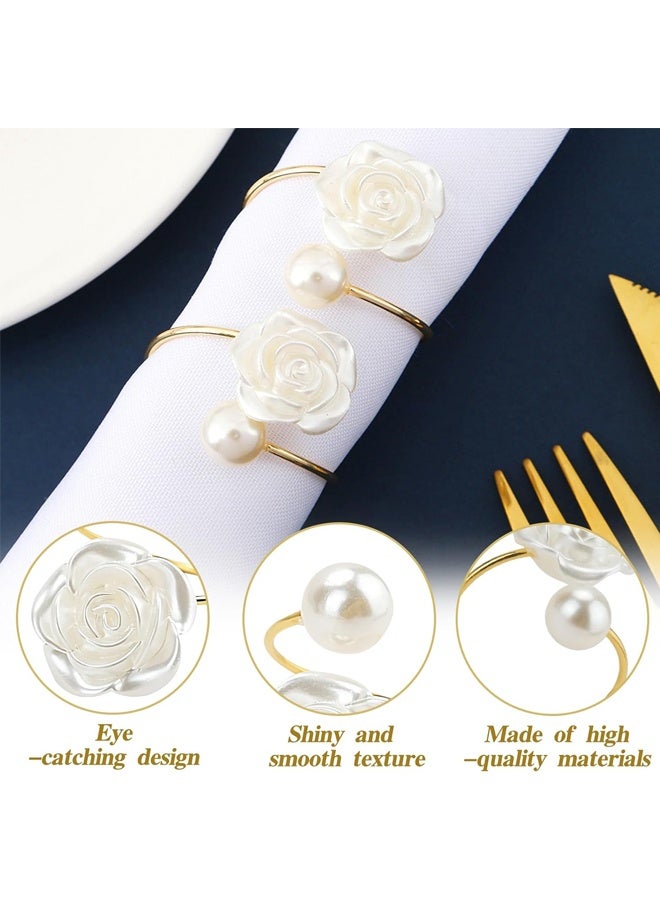 ١٠ قطع من حلقات مناديل مزينة باللؤلؤ، وأبازيم مناديل على شكل زهرة الورد، وحوامل حلقات مناديل ذهبية، وأبازيم معدنية للمناديل - Image 3