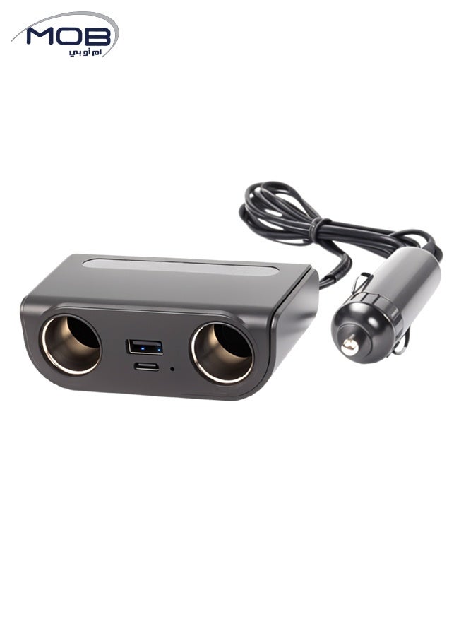 MOB Dual Car Power Socket Splitter with USB Type A and Type C Ports, 12V 24V Vehicle Power Adapter with Dual Socket Output, 120cm Extension Cable, 2.4A USB Charging for Car SUV Truck Van Accessories Phone Tablet GPS Dash Cam Power Supply Charger Fast - Image 1