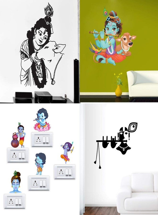 Walltech Combo of 4 Wall Sticker Krishna with Cow-(60 x 42 cms) | Lord Krishna-(47 x 60 cms) | Lord Krishna Flute Playing with Cow-(70 x 60 cms) | Krishna-(45 x 50 cms) - Material Vinyl - Image 1