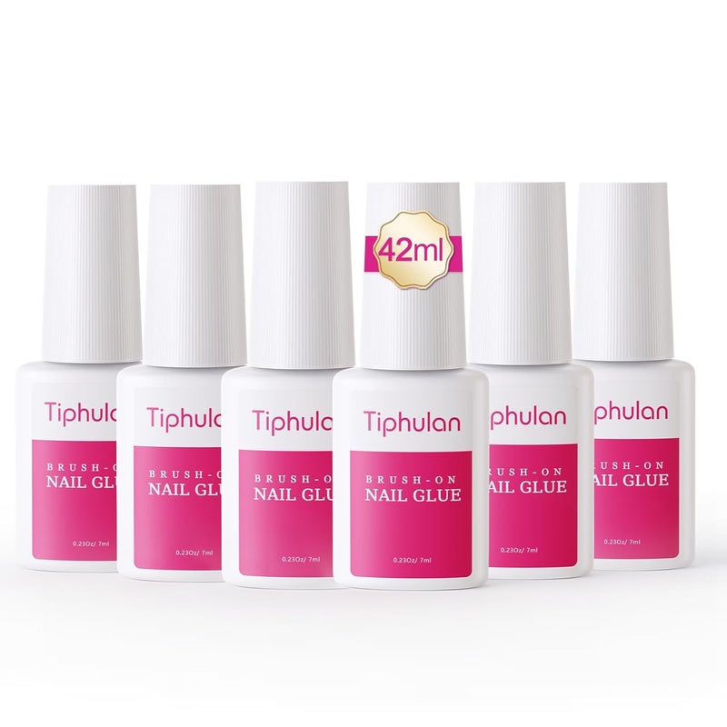 TIPHULAN 42ml Super Strong Nail Glue for Press On Nails, Acrylic Nails, Nail Tips - Professional Brush On Nail Glue Easy Application, Durable & Long-Lasting Fake Nail Glue, 0.23 oz for Each Glue(6PCS) - Image 1