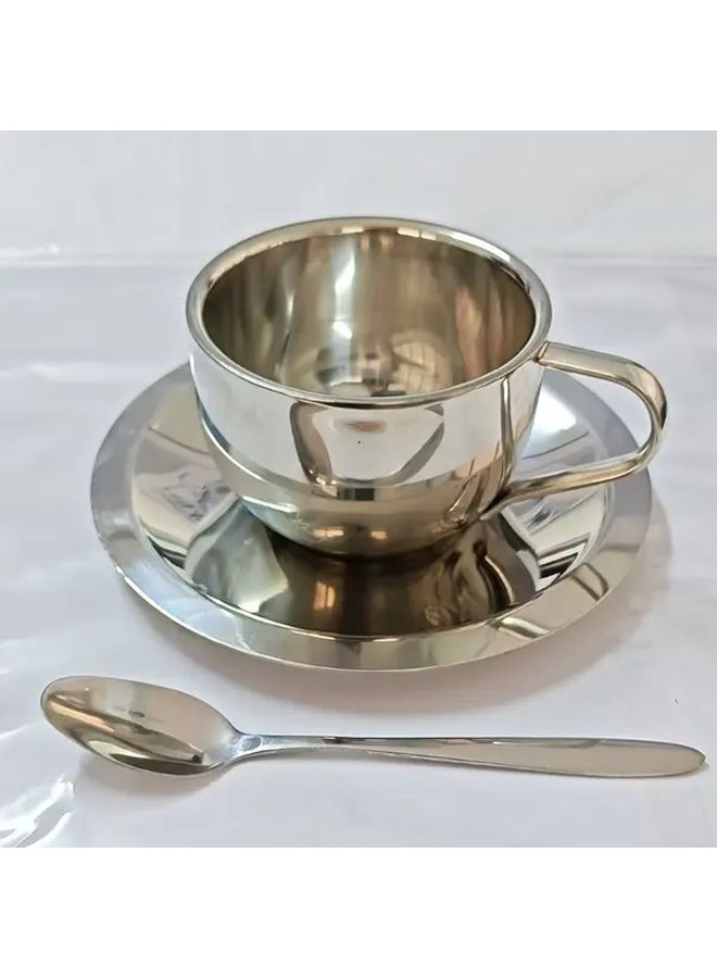 304 Stainless Steel Espresso Cup Set With Saucer Spoon 3 Piece Gift For Coffee Tea Lovers - Image 1
