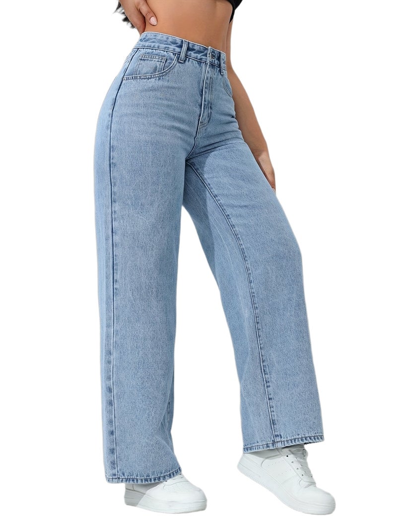 Women'S Loose Casual Straight Jeans with Pockets, High-Waist Loose Comfortable Wide-Leg Denim, Light Wash, Slant Pocket Mid-Stretch Straight Jeans, Women'S Jeans And Clothing - Image 1