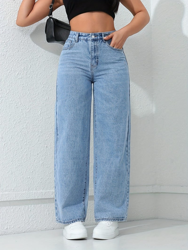 Women'S Loose Casual Straight Jeans with Pockets, High-Waist Loose Comfortable Wide-Leg Denim, Light Wash, Slant Pocket Mid-Stretch Straight Jeans, Women'S Jeans And Clothing - Image 2