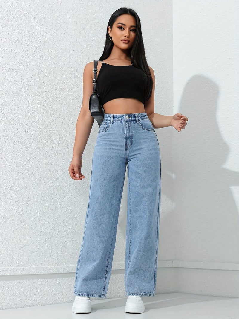 Women'S Loose Casual Straight Jeans with Pockets, High-Waist Loose Comfortable Wide-Leg Denim, Light Wash, Slant Pocket Mid-Stretch Straight Jeans, Women'S Jeans And Clothing - Image 5