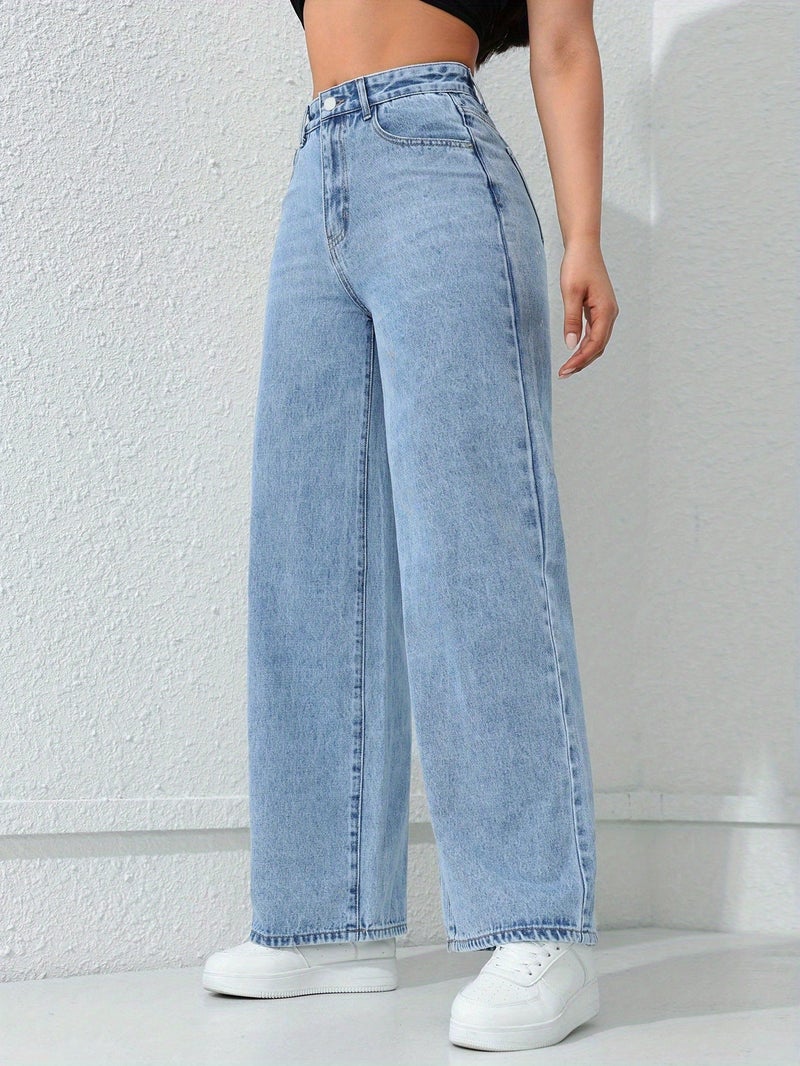 Women'S Loose Casual Straight Jeans with Pockets, High-Waist Loose Comfortable Wide-Leg Denim, Light Wash, Slant Pocket Mid-Stretch Straight Jeans, Women'S Jeans And Clothing - Image 3