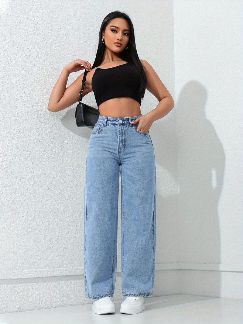 Women'S Loose Casual Straight Jeans with Pockets, High-Waist Loose Comfortable Wide-Leg Denim, Light Wash, Slant Pocket Mid-Stretch Straight Jeans, Women'S Jeans And Clothing - Image 4