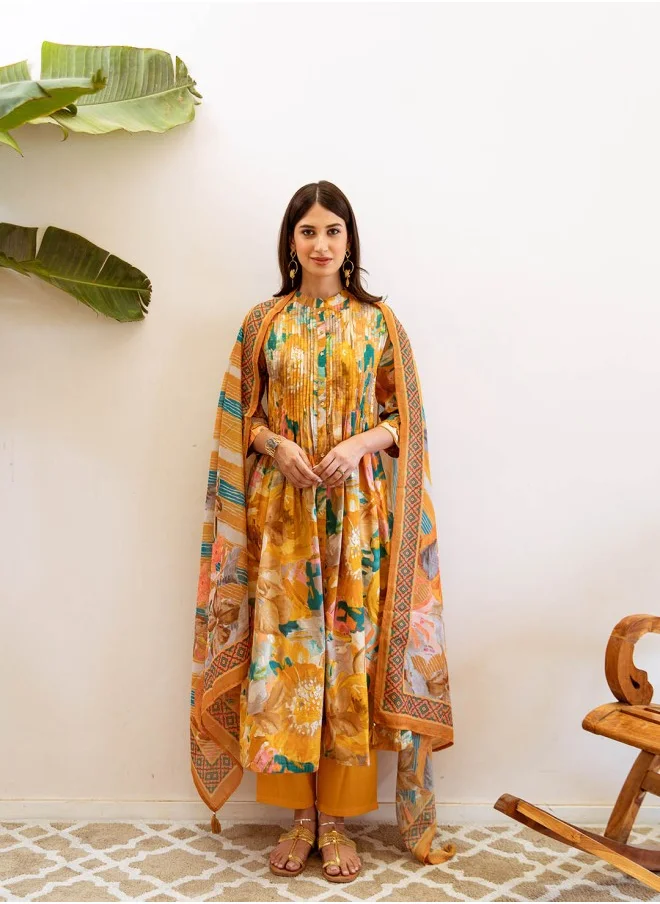 ISHIN Floral Printed Regular Pure Cotton A-Line Kurta With Trousers & Dupatta