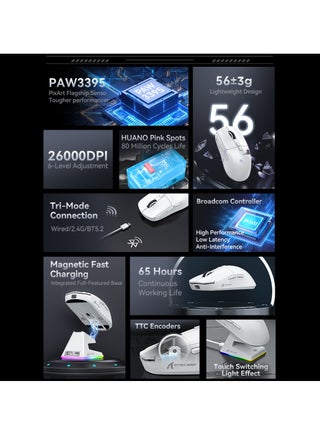 X6 ماوس ألعاب لاسلكي خفيف الوزن مع 3 أوضاع سلكية 2.4G BT5.2 حتى 26K DPI RGB تعمل باللمس قاعدة شحن مغناطيسية - view 3