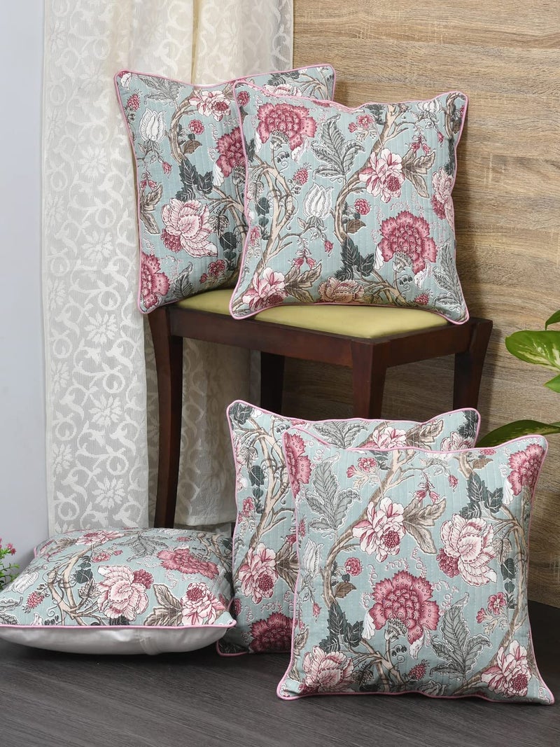 Clasiko Cushion Covers Set of 5 Blue & Pink with Quilting; Cotton Fabric; 18x18 Inches; Color Fastness Guarantee 16463-250 TC - Image 5