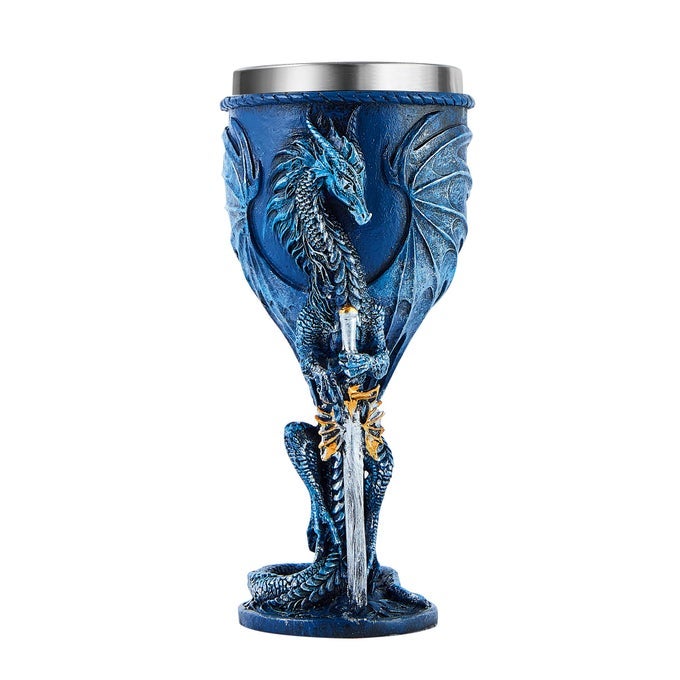 MEDIEVAL BLUE DRAGON GOBLET STAINLESS STEEL DUNGEONS AND DRAGONS GIFT CHALICE WINE GOBLET 210ML BLUE SWORD DRAGON