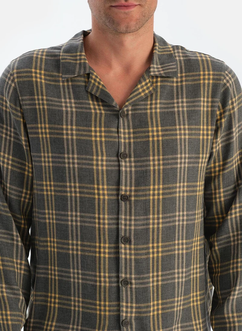 dagi Plaid Print Shirt Spread Collar Flanel Woven Sleepwear