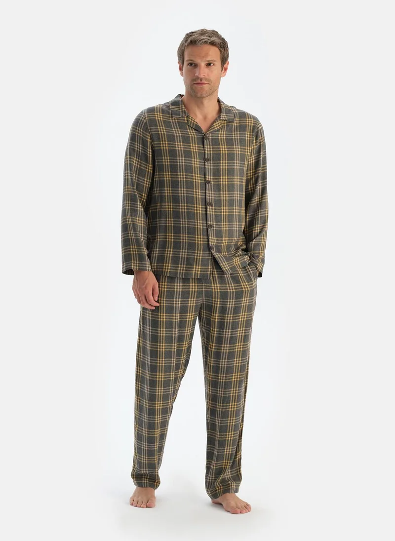 dagi Plaid Print Shirt Spread Collar Flanel Woven Sleepwear
