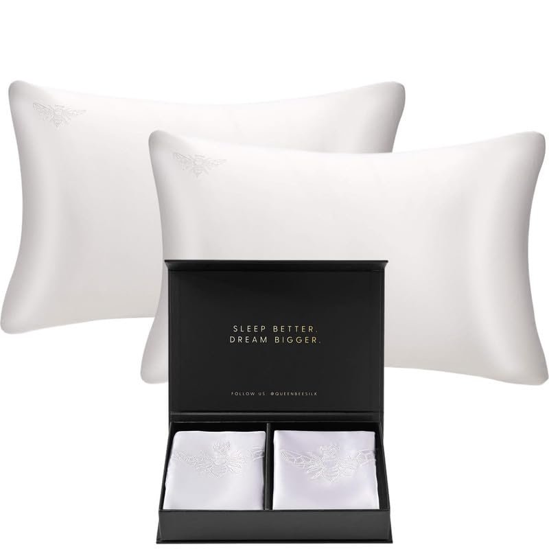 QUEEN BEE SILK  2 Pack Silk Pillowcase for Hair and Skin  22 Momme Mulberry Silk  Charmeuse Weave  Envelope Closure  Standard Size  White