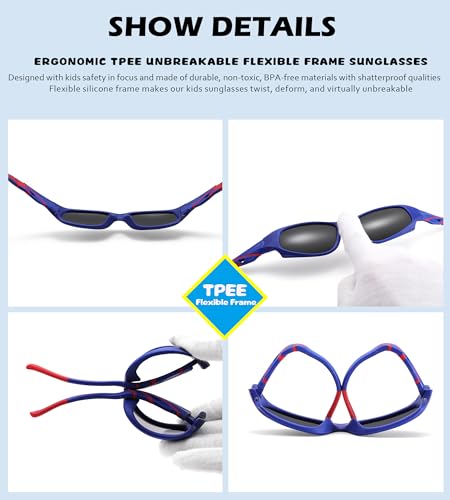 NULOOQ Kids Baseball Polarized Sunglasses – Unbreakable Flexible Youth Sports Sunglasses for Boys Girls Age 4-12 (Matte Blue Frame/Gray Lens) - Image 4