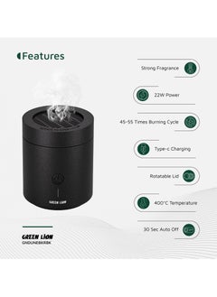 GREEN LION Dune Bakhour Incense Burner with Rotatable Lid & Easy Twist-Lock / Portable Bukhour / Luxury Scent / Strong Fragrance / 30 sec Auto Off / Included Tweezer - Black  - Image 2