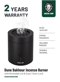GREEN LION Dune Bakhour Incense Burner with Rotatable Lid & Easy Twist-Lock / Portable Bukhour / Luxury Scent / Strong Fragrance / 30 sec Auto Off / Included Tweezer - Black  - Image 1