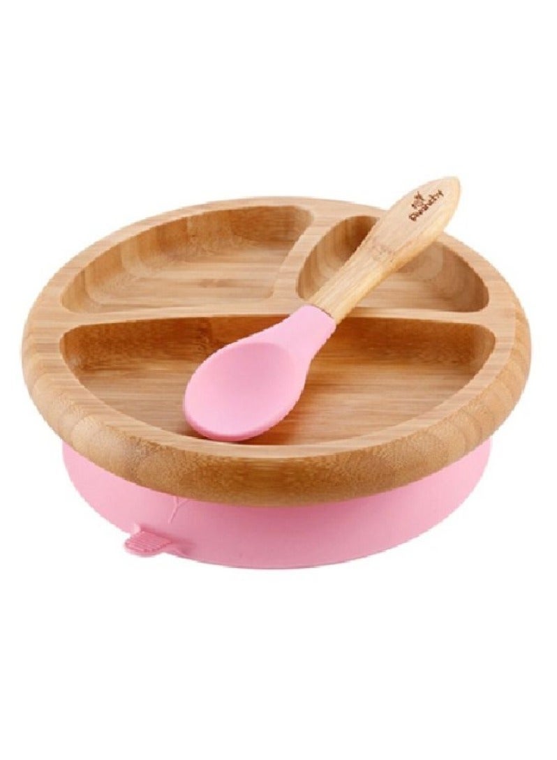 Avanchy Bamboo Suction Classic Plate + Spoon Pink - Image 1