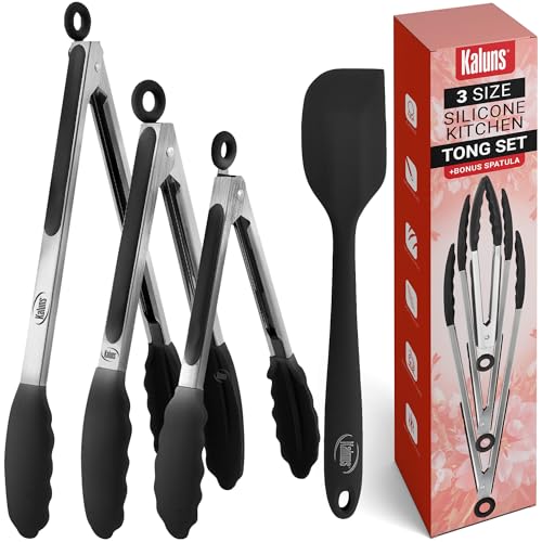 Kaluns Kitchen Tongs for Cooking Grilling Set of 4 BBQ Grill Tongs With Silicone Tip Stainless Steel Heat Resistant Nonstick Pull Lock Incl 7 9 12 Inch Tong Plus a Silicone Spatula