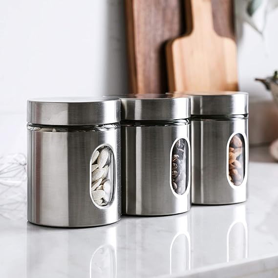 Mivana Glass Steel Storage Airtight Lid 650 Ml Containers For Kitchen Storage Container With Lid For Tea Coffee & Sugar, Dry Fruit Jars, Storage Box, Set Of 3 (3, M-19),Silver - Image 3