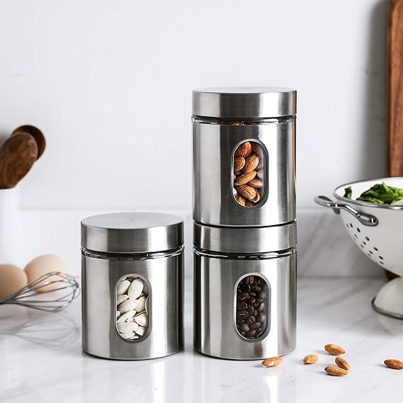 Mivana Glass Steel Storage Airtight Lid 650 Ml Containers For Kitchen Storage Container With Lid For Tea Coffee & Sugar, Dry Fruit Jars, Storage Box, Set Of 3 (3, M-19),Silver - Image 1