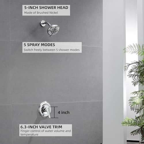 KINSE 5 Inches Shower head Shower Faucet Set shower kit with valve and shower headBrass valve and stainless steel kitsWithout tub spout Chrome - Image 3