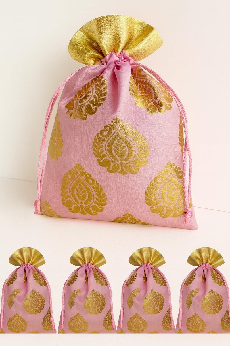 Abhaas 5PCS Drawstrings Potli Bag for Gifting | 23X18CM | for Ladies Wedding, Party Bag Potli Leaf Print for Women Kitty Parties Reusable Return Gift Purpose, Shagun Pouch, Candy Bags - Image 1