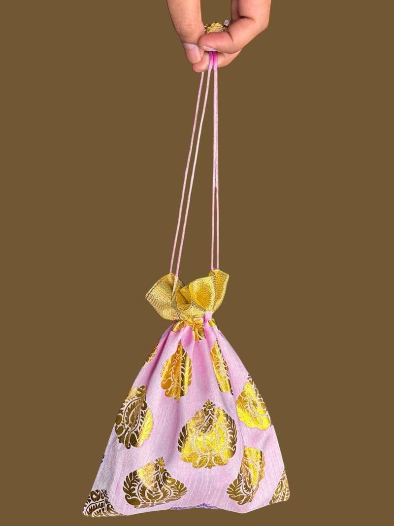 Abhaas 5PCS Drawstrings Potli Bag for Gifting | 23X18CM | for Ladies Wedding, Party Bag Potli Leaf Print for Women Kitty Parties Reusable Return Gift Purpose, Shagun Pouch, Candy Bags - Image 5
