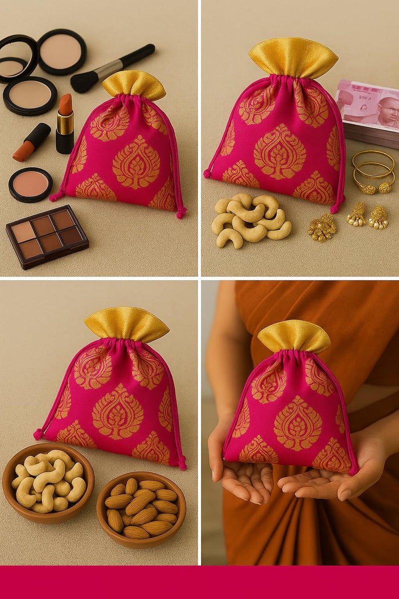 Abhaas 5PCS Drawstrings Potli Bag for Gifting | 23X18CM | for Ladies Wedding, Party Bag Potli Leaf Print for Women Kitty Parties Reusable Return Gift Purpose, Shagun Pouch, Candy Bags - Image 3