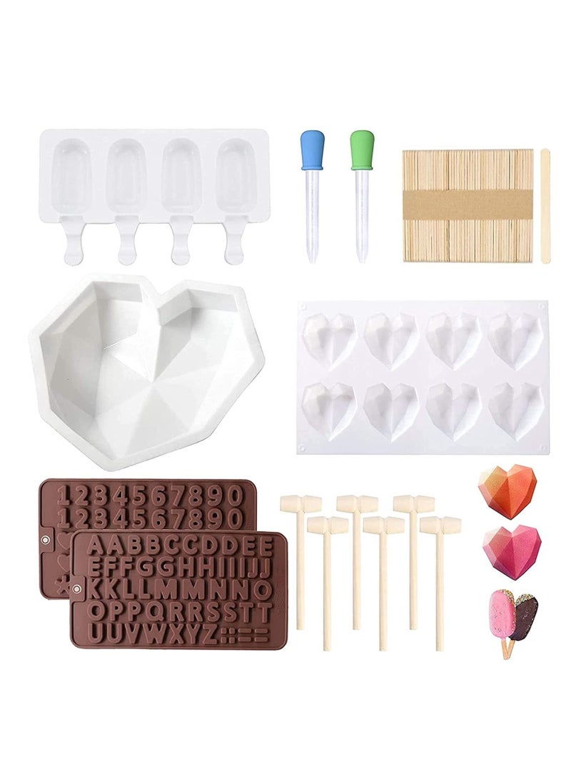 KASTWAVE Heart Shaped Chocolate Mold and Popsicle Mold Set, Diamond Silicone Mousse Cake Mold Trays Chocolate Candy Dessert Ice Cream Mold Wooden Hammers for Cake Decoration Making Ice Cream Chocolate - Image 1