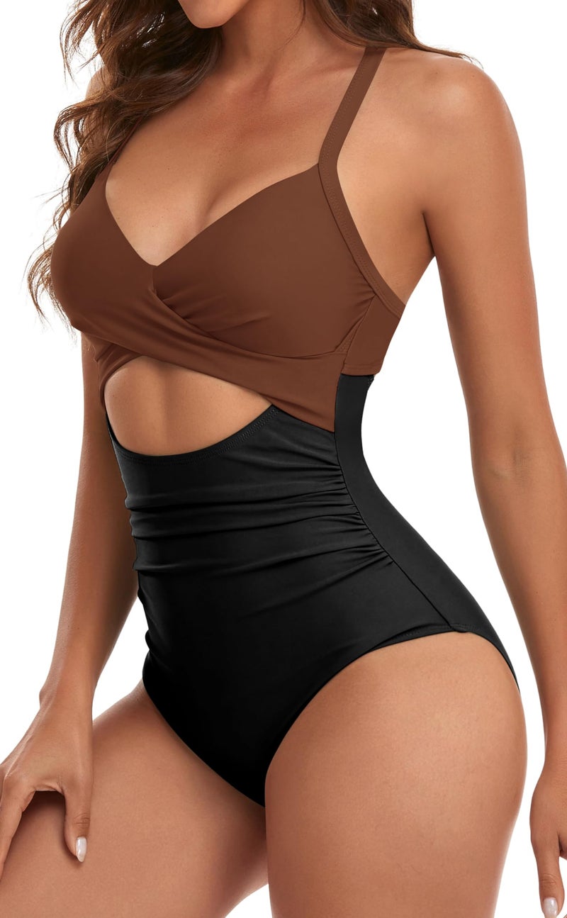 Eomenie Women's One Piece Swimsuits Tummy Control Cutout High Waisted Bathing Suit Wrap Tie Back 1 Piece Swimsuit Caramel, Black - Image 3