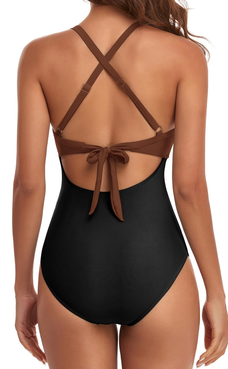 Eomenie Women's One Piece Swimsuits Tummy Control Cutout High Waisted Bathing Suit Wrap Tie Back 1 Piece Swimsuit Caramel, Black - Image 2