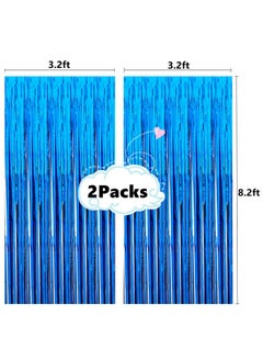 i-CHONY 2 Pcs 3.2Ft X 8.2Ft Shiny Blue Metallic Tinsel Foil Fringe Curtains Photo Booth Backdrop For Birthday Wedding Holiday Celebration Bachelorette Party Decor (Blue)  - Image 2