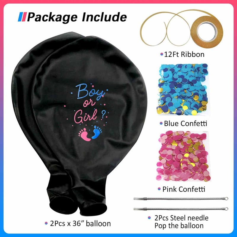 Heboland Gender Reveal Balloon Pop Ideas, 2pcs 36" Jumbo Black Baby Boy or Girl Balloons, with Blue Pink Confetti for Revelacion de Sexo de Bebe - Image 5
