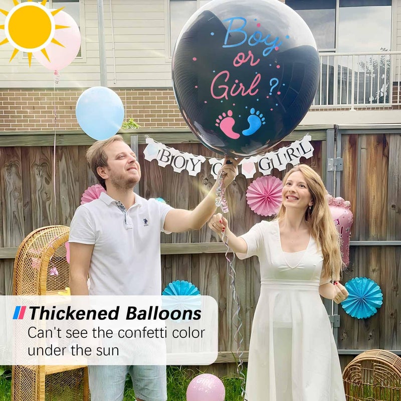 Heboland Gender Reveal Balloon Pop Ideas, 2pcs 36" Jumbo Black Baby Boy or Girl Balloons, with Blue Pink Confetti for Revelacion de Sexo de Bebe - Image 3