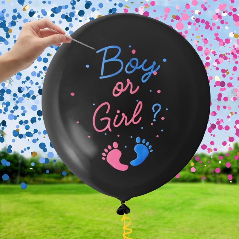 Heboland Gender Reveal Balloon Pop Ideas, 2pcs 36" Jumbo Black Baby Boy or Girl Balloons, with Blue Pink Confetti for Revelacion de Sexo de Bebe - Image 1