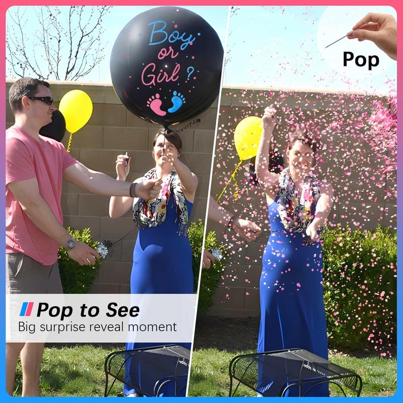 Heboland Gender Reveal Balloon Pop Ideas, 2pcs 36" Jumbo Black Baby Boy or Girl Balloons, with Blue Pink Confetti for Revelacion de Sexo de Bebe - Image 2
